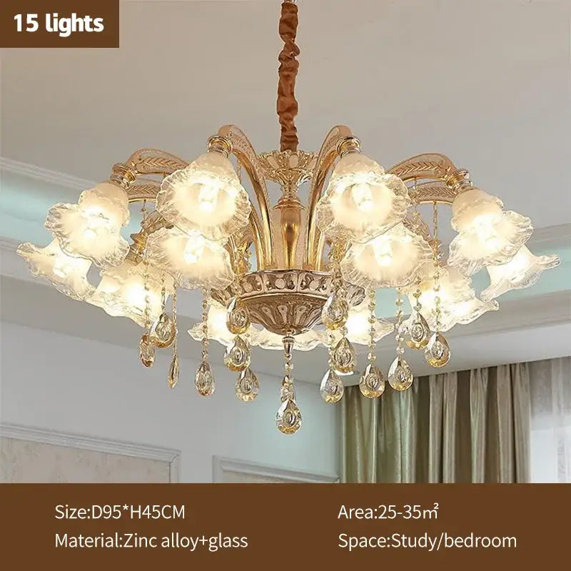 Gold-toned DecorBites crystal ceiling chandelier with 15 lights, floral glass shades, and crystal teardrops for luxury living rooms