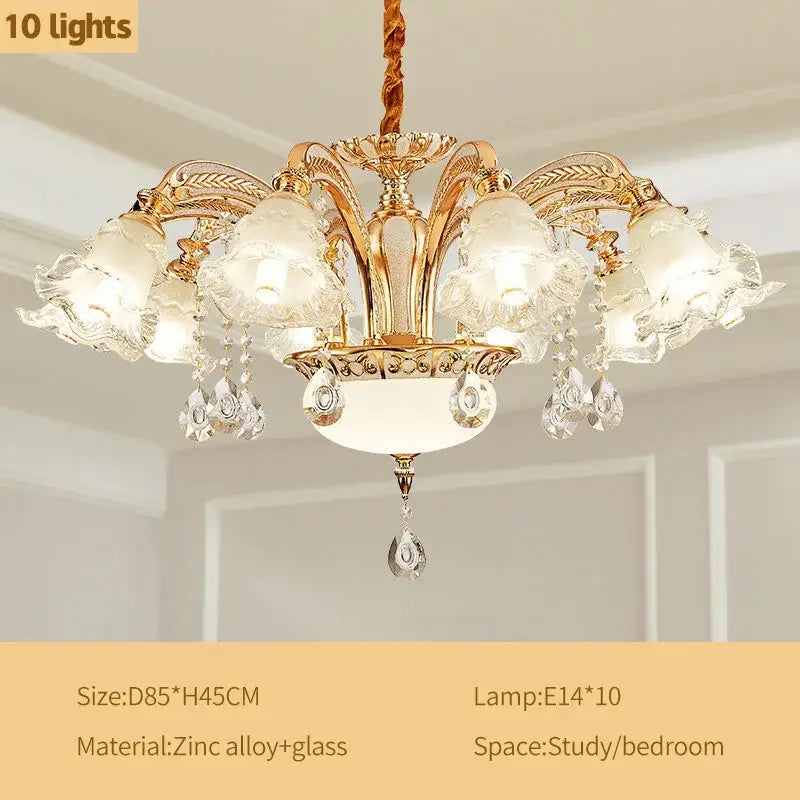 Gold-toned DecorBites crystal ceiling chandelier with ten frosted glass lampshades and crystal teardrop accents for luxury spaces