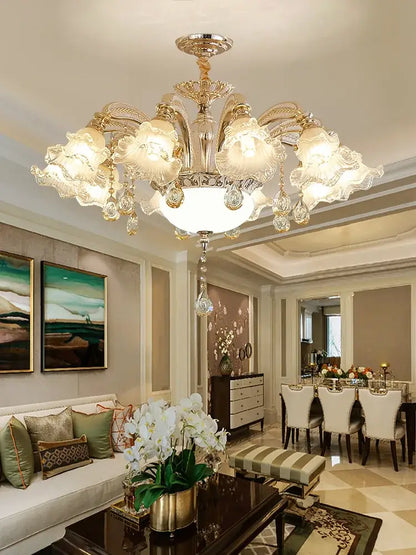 Gold-toned decorbites crystal ceiling chandelier with intricate crystal droplets and frosted glass shades for luxury living rooms
