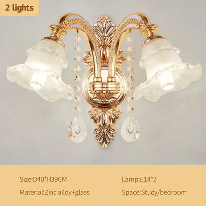 Gold-toned ornate wall sconce with frosted glass lampshades and crystal teardrop pendants for decorbites crystal ceiling chandelier
