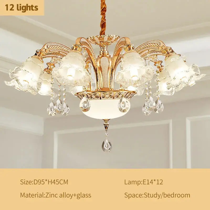 Gold-toned DecorBites crystal ceiling chandelier with twelve frosted flower-shaped shades and crystal teardrop accents