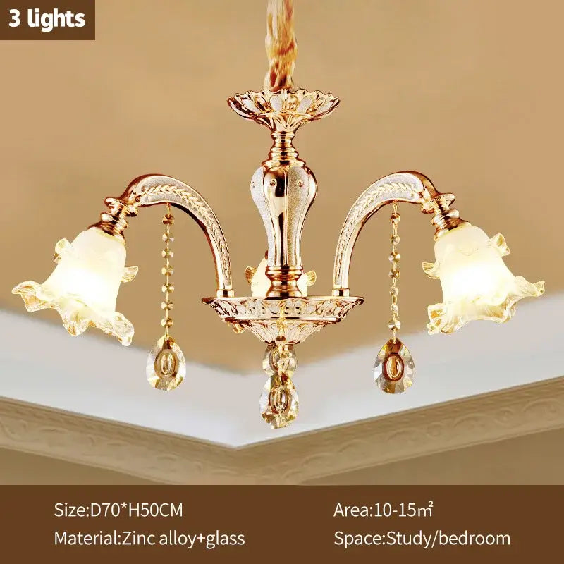 Gold-toned decorbites crystal ceiling chandelier with three frosted glass shades and dangling crystals for luxury living spaces