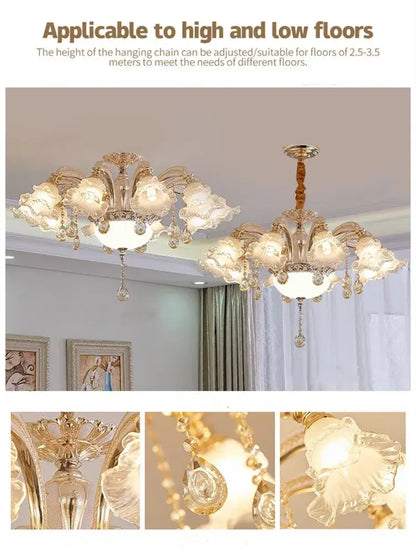 Gold-toned decorbites crystal ceiling chandelier with ornate floral glass shades and crystal droplets for luxury living rooms