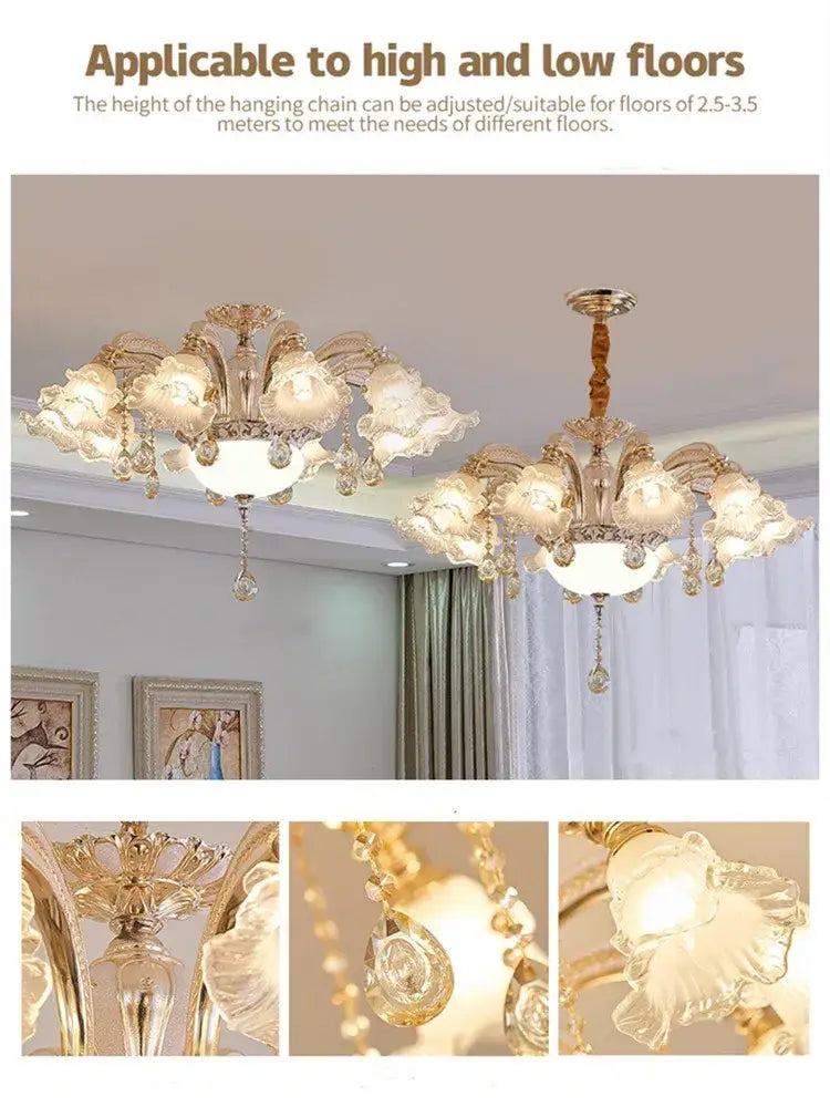 Gold-toned decorbites crystal ceiling chandelier with ornate floral glass shades and crystal droplets for luxury living rooms