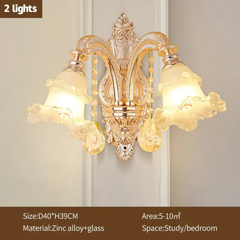 Gold-toned ornate wall sconce with frosted bell-shaped shades and crystals for decorbites crystal ceiling chandelier