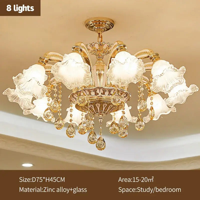 Gold-toned decorbites crystal ceiling chandelier with eight frosted glass flower shades and crystal teardrop pendants