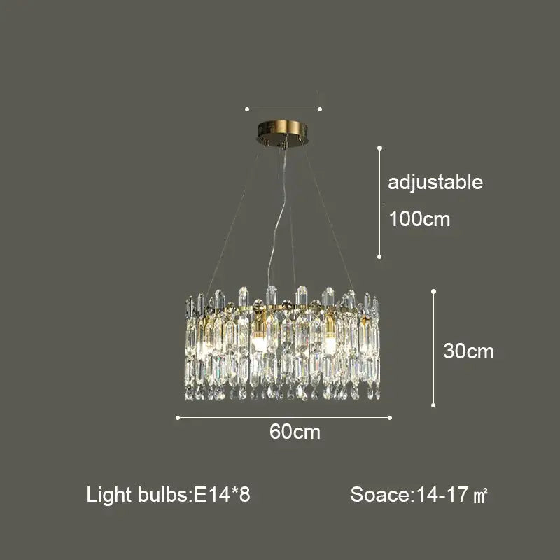 DecorBites crystal ceiling chandelier with gold metal frame and clear glass prisms adjustable to 100cm height for luxury indoor lighting