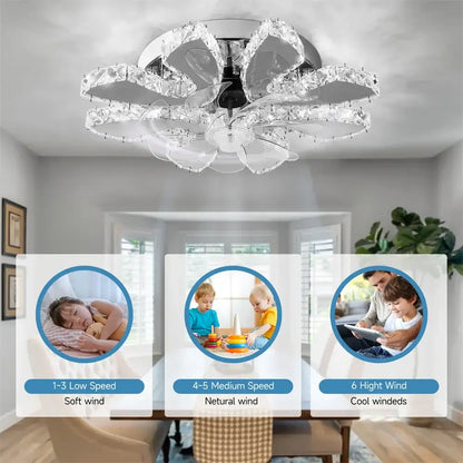 DecorBites™ crystal ceiling fan with flower-shaped crystal design and chrome accents for bedroom and living room use