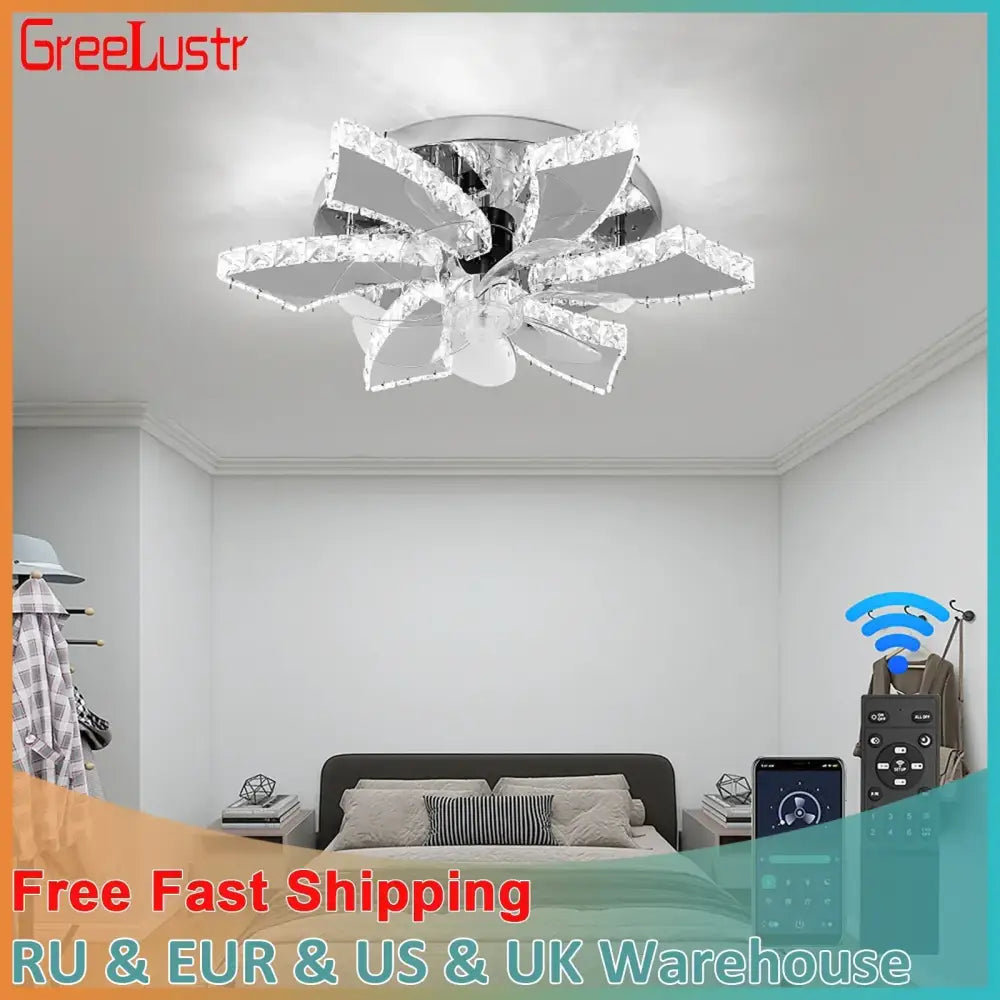 Silver and clear crystal leaf-shaped ceiling fan with modern design by DecorBites crystal ceiling fan for bedroom and living room