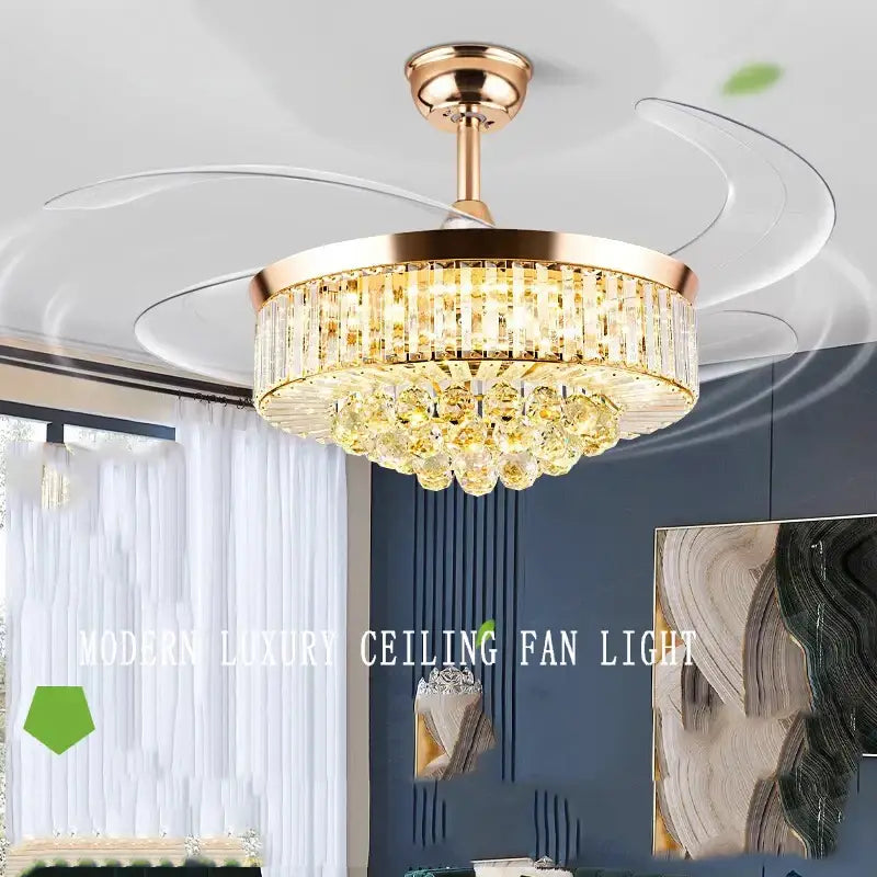 Gold-toned decorbites crystal ceiling fan with cascading faceted crystals for bedroom and living room lighting