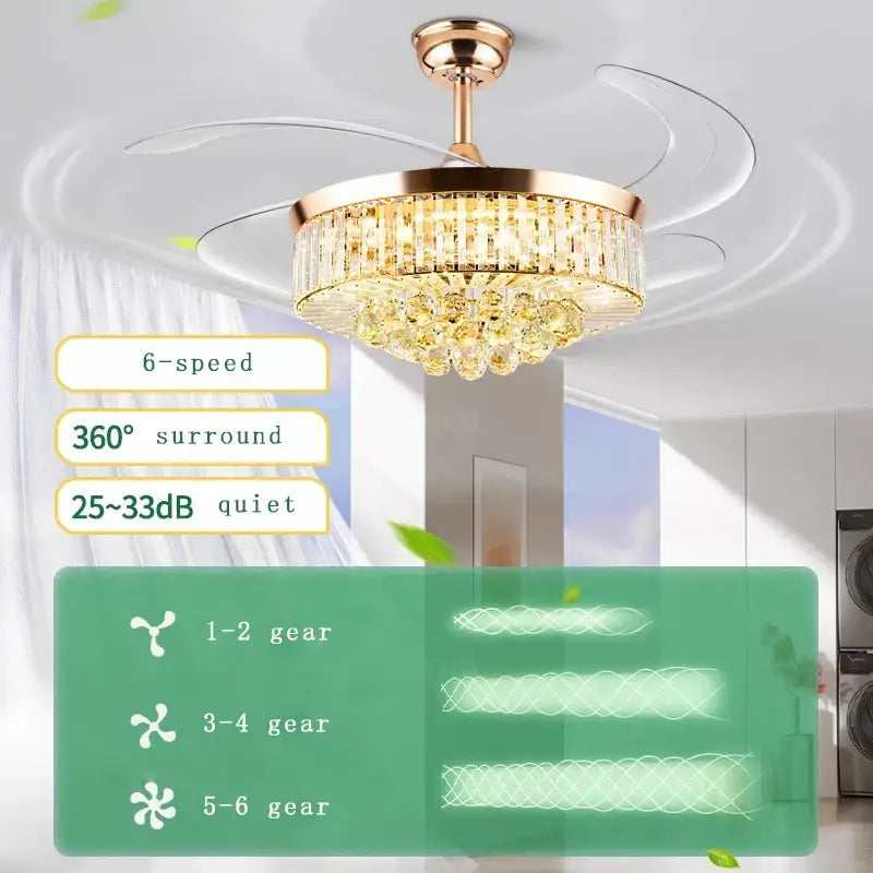 Gold-toned decorbites crystal ceiling fan with integrated chandelier and clear crystal accents for bedroom living room