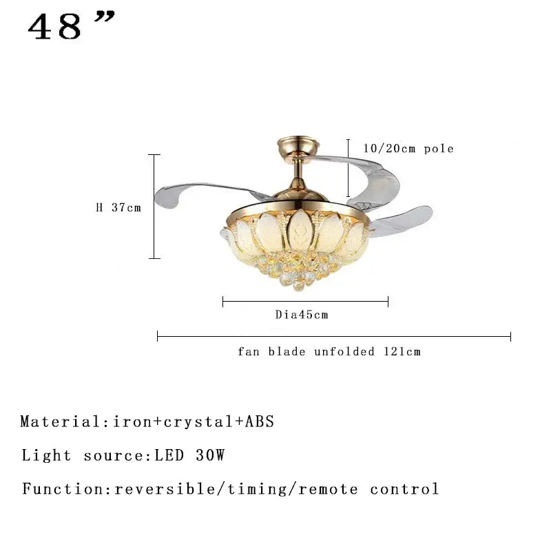 48-inch decorbites crystal ceiling fan with gold-toned iron frame, crystal chandelier light, and translucent abs blades