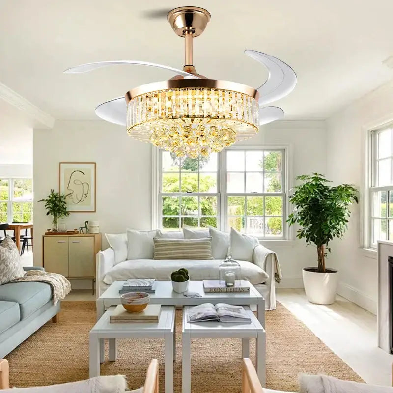 Modern decorbites crystal ceiling fan with rose gold finish and cascading crystal chandelier for bedroom and living room