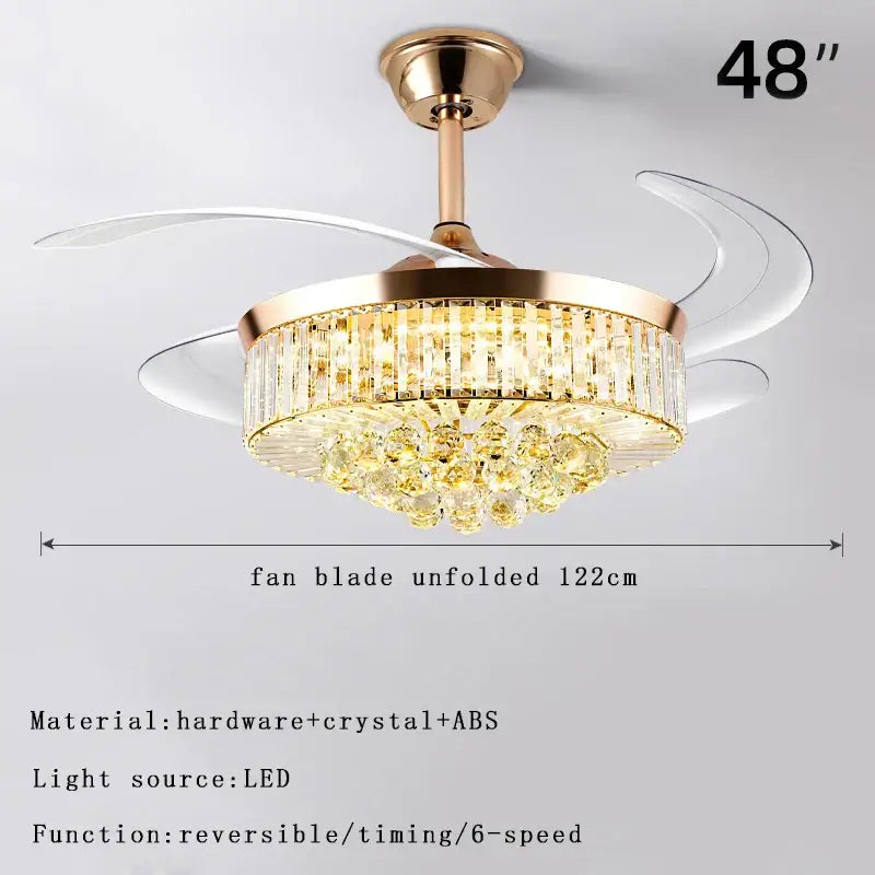 DecorBites crystal ceiling fan with 48-inch clear acrylic blades and gold-toned hardware for bedroom or living room use