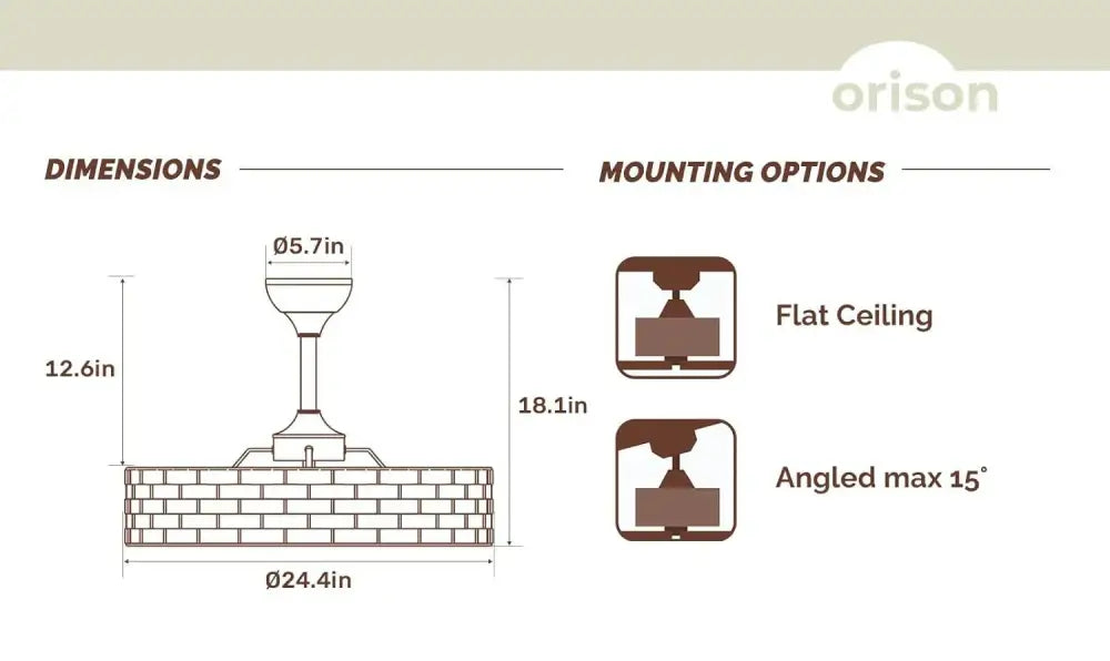 Decorbites crystal ceiling fan with orison brand brick-patterned rectangular base and slender stem for angled ceilings
