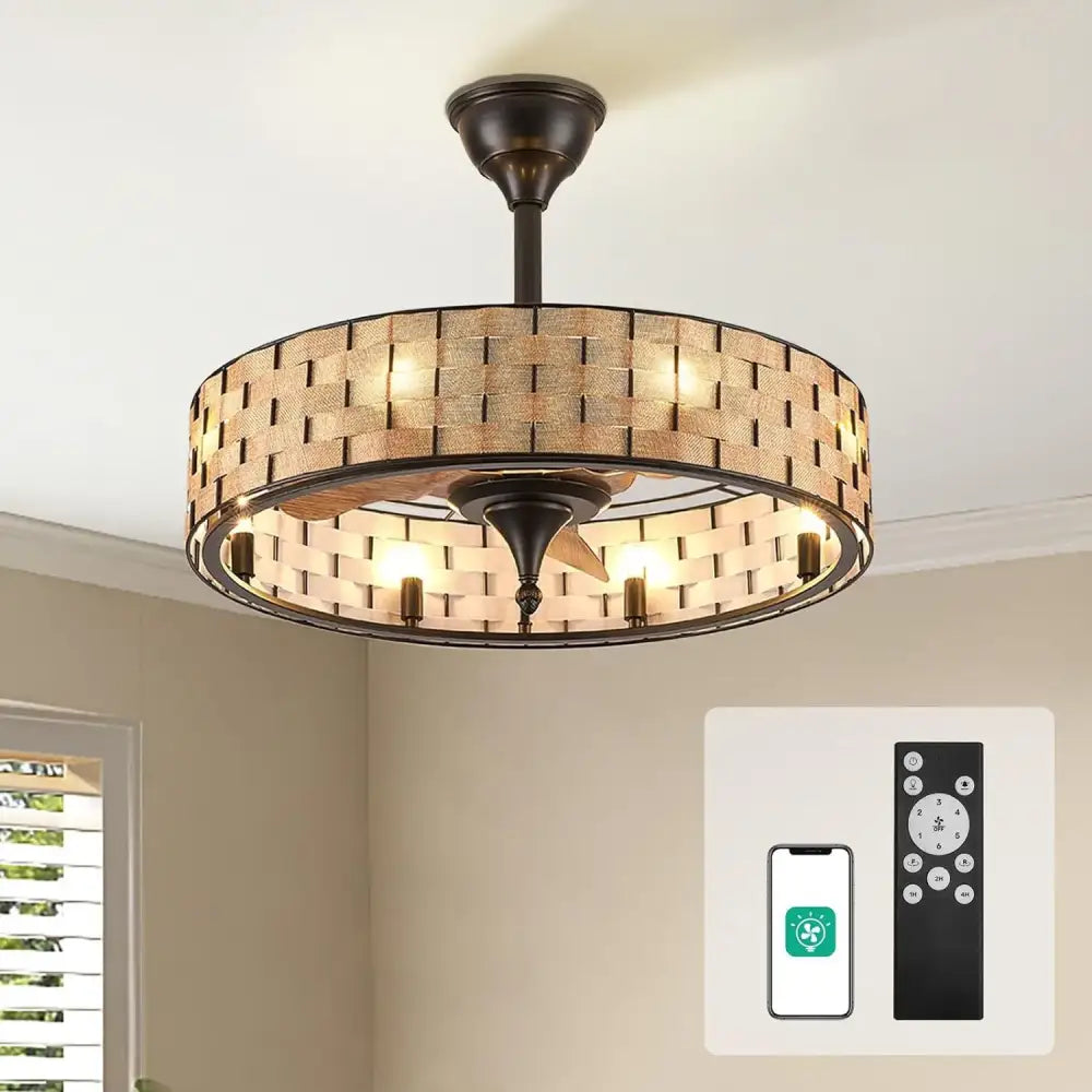 Decorbites crystal ceiling fan featuring a woven light brown rattan shade with dark bronze accents and iron lampshade