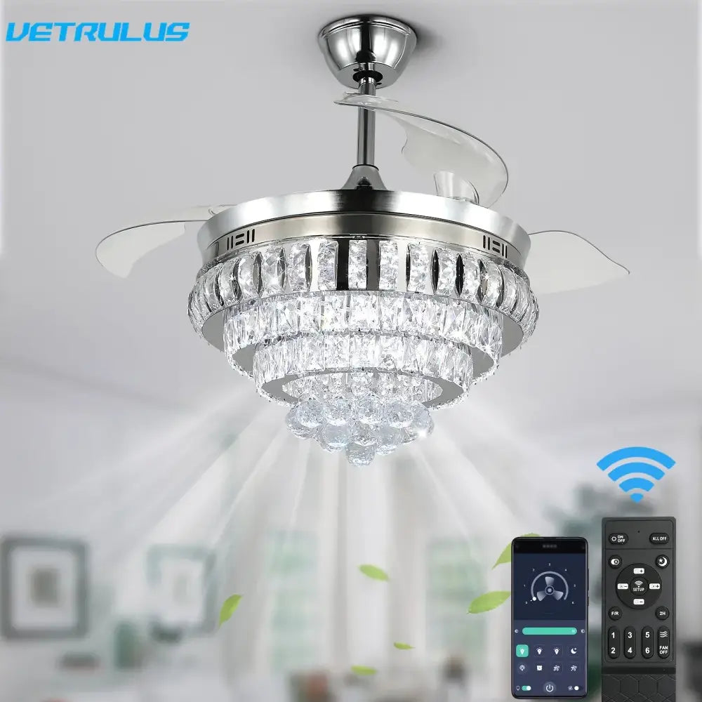 Silver DecorBites crystal ceiling fan with remote control features tiered faceted crystals and polished chrome frame