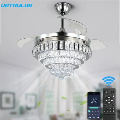 Silver DecorBites crystal ceiling fan with remote control features tiered faceted crystals and polished chrome frame