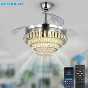 DecorBites crystal ceiling fan with remote control featuring four translucent blades and integrated crystal chandelier lighting
