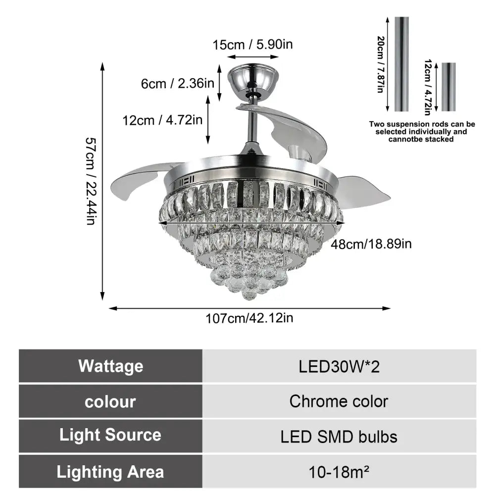 Chrome finished DecorBites crystal ceiling fan with integrated LED light and remote control featuring chandelier accents