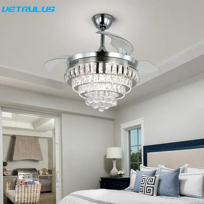 A sleek decorbites crystal ceiling fan with polished chrome finish integrated crystal chandelier LED light and remote control