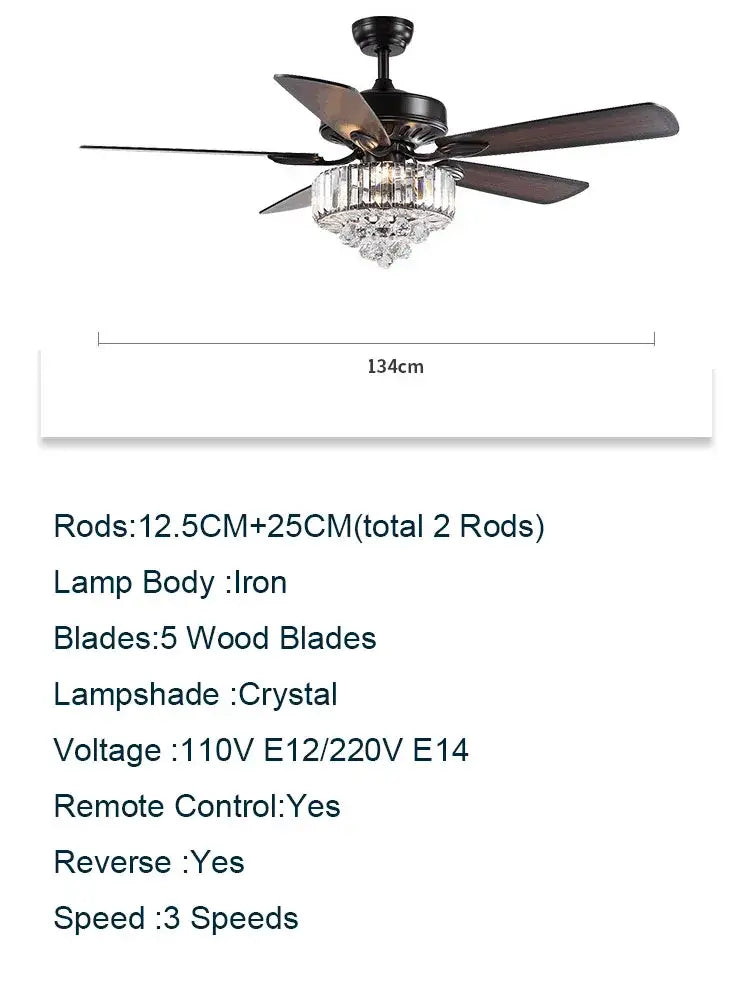 Black wrought iron decorbites crystal ceiling fan with five dark wood blades and crystal chandelier light fixture 52 inch luxury design