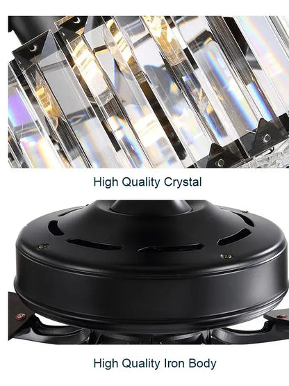 A decorbites crystal ceiling fan with sleek black iron body and hanging crystal bars refracting light, 52 inch luxury design