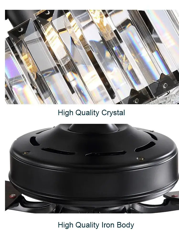 A decorbites crystal ceiling fan with sleek black iron body and hanging crystal bars refracting light, 52 inch luxury design