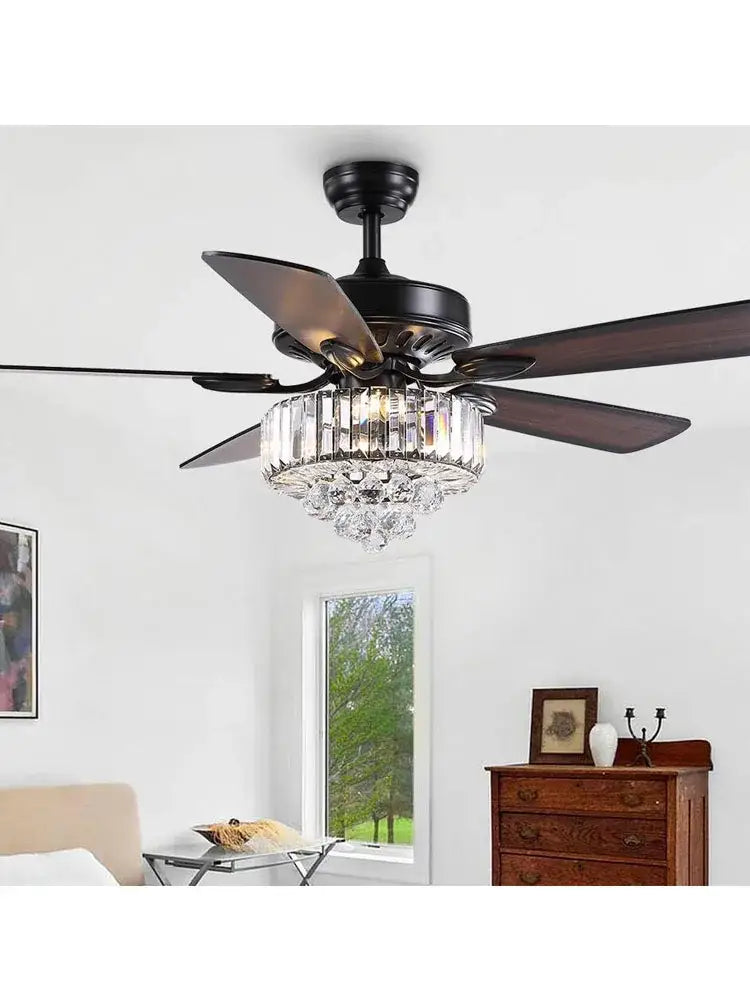Black wrought iron decorbites crystal ceiling fan with five dark wood blades and crystal chandelier light fixture