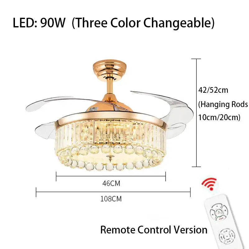 Gold-toned decorbites crystal ceiling fan with crystal chandelier design and three-color led light with remote control
