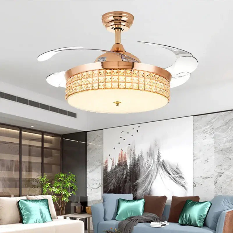 Rose gold decorbites crystal ceiling fan with translucent blades and warm led light diffuser in gold finish