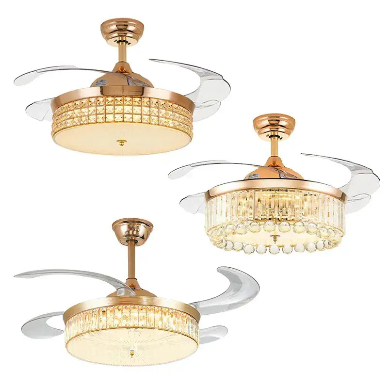 Gold-toned decorbites crystal ceiling fan with translucent blades led light and remote control in elegant finish