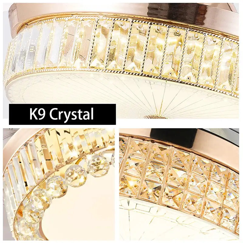 Decorbites crystal ceiling fan with led light features a gold finish frame adorned with k9 crystal elements