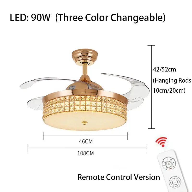 Gold finish DecorBites crystal ceiling fan with transparent blades, LED light, and remote control for modern decor
