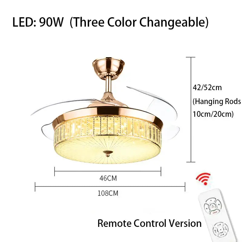 Gold-toned DecorBites crystal ceiling fan with integrated LED light and crystal accents with remote control