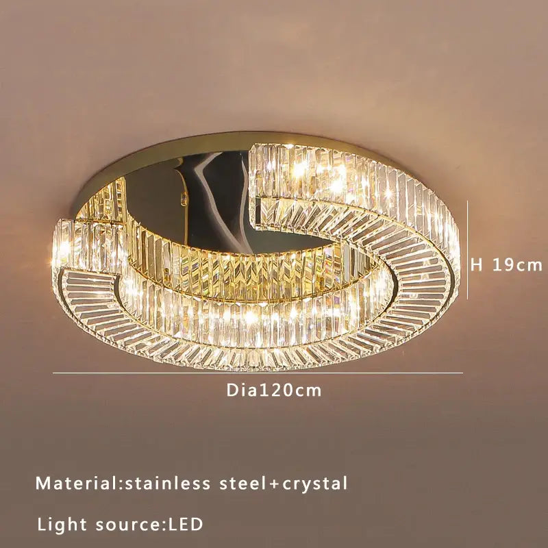 Modern decorbites crystal ceiling lamp with gold-toned stainless steel frame and faceted crystal rings for living room and bedroom