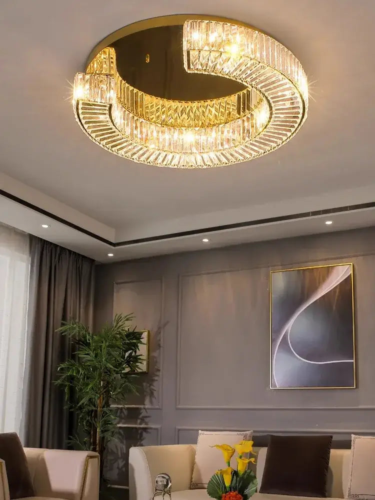 Gold-toned DecorBites crystal ceiling lamp with multi-tiered faceted crystals for luxury living room and bedroom decor
