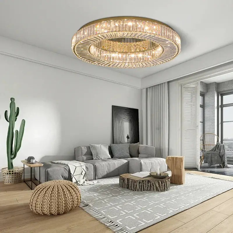 DecorBites crystal ceiling lamp with gold-toned frame and faceted crystal rings for luxury living room décor