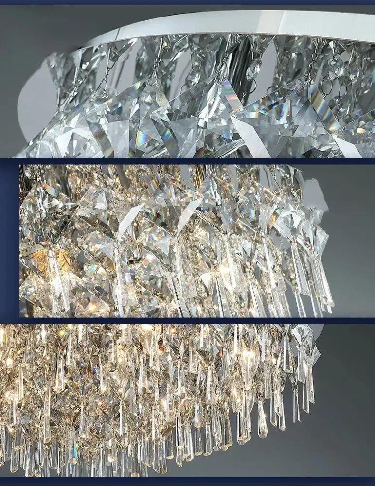 A decorbites crystal ceiling lamp featuring a multi-tiered chrome finish with cascading faceted glass prisms ceiling lamp
