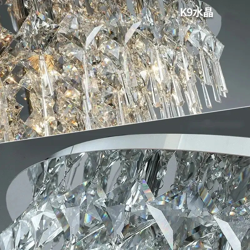 Decorbites crystal ceiling lamp with cascading k9 crystal prisms and sleek curved chrome frame modern ceiling lamp