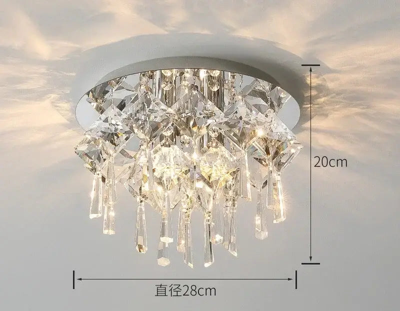 A DecorBites crystal ceiling lamp with a sleek white base and cascading clear faceted crystals for indoor lighting