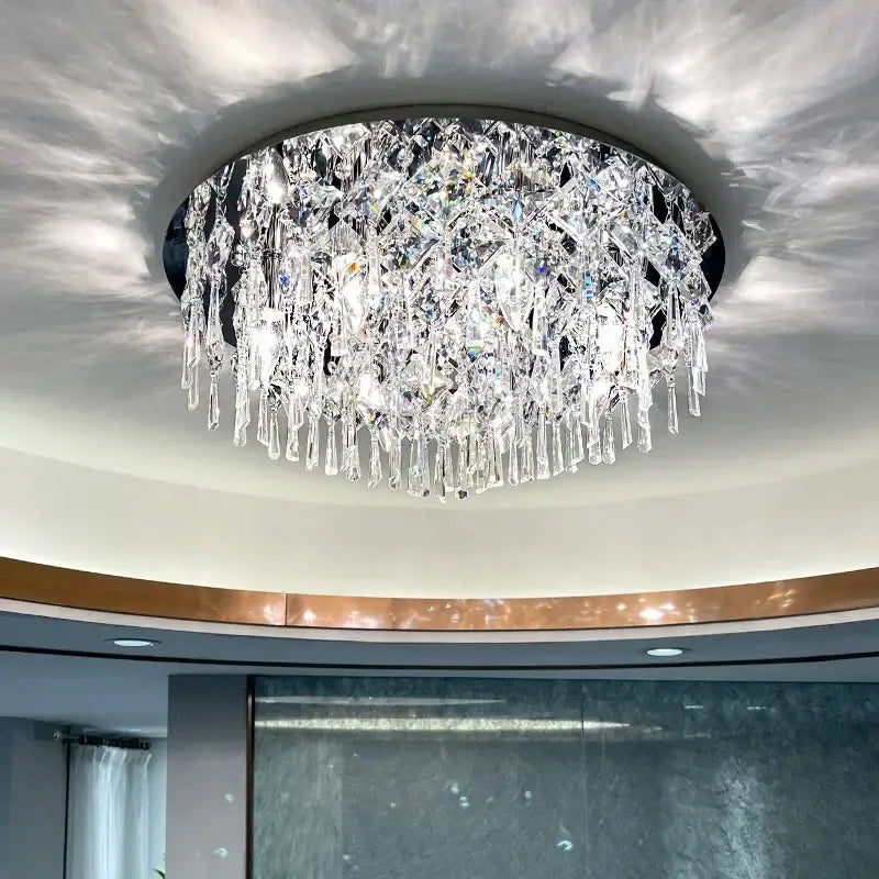 DecorBites crystal ceiling lamp with cascading clear glass prisms and a sleek black metal frame ceiling lamp for indoor use