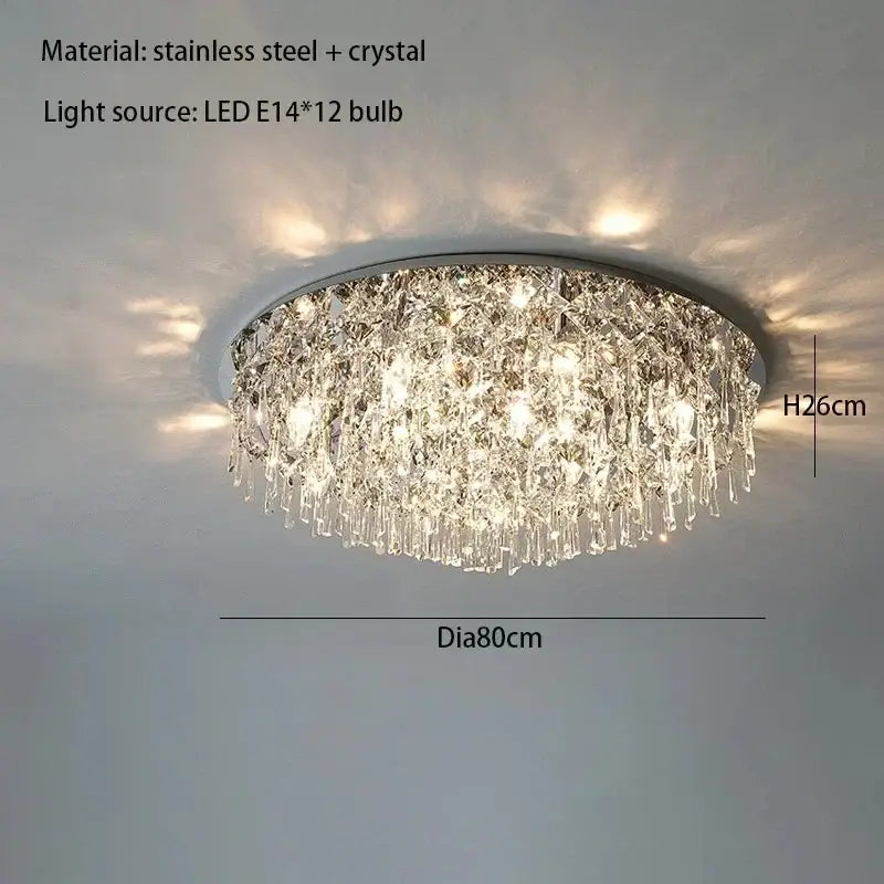 DecorBites crystal ceiling lamp with stainless steel frame and cascading crystal droplets illuminated by 12 LED bulbs