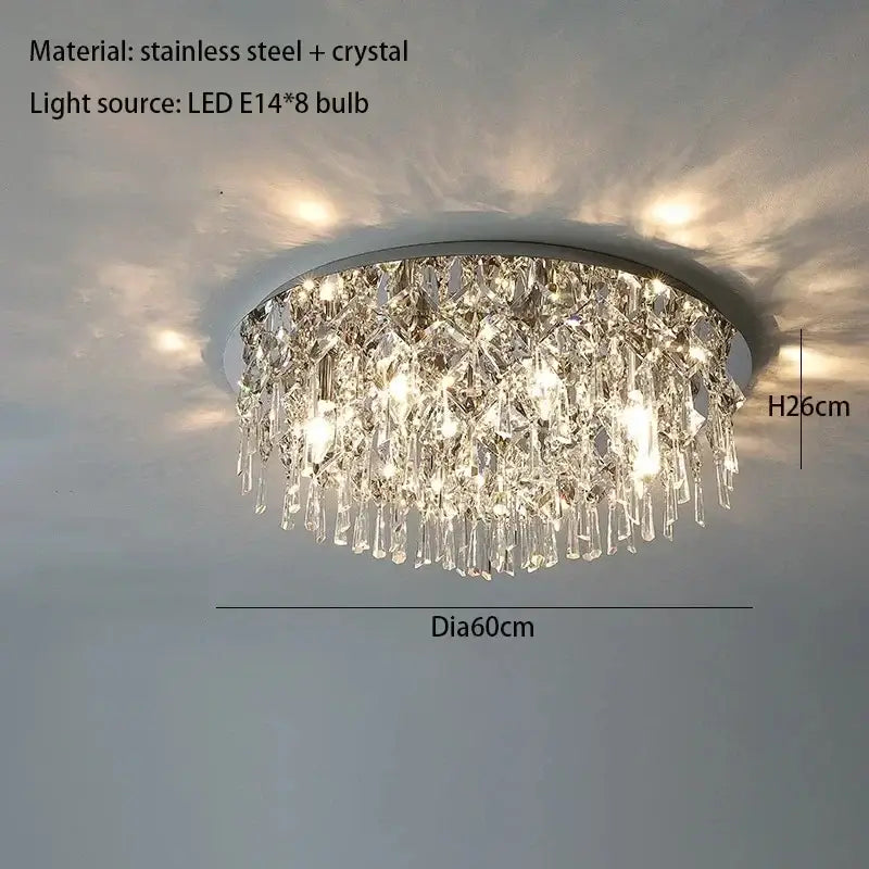 Decorbites crystal ceiling lamp featuring a circular stainless steel frame with cascading prisms and eight led bulbs