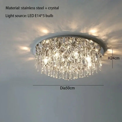 Decorbites crystal ceiling lamp with stainless steel frame and cascading crystal prisms illuminated by five led bulbs