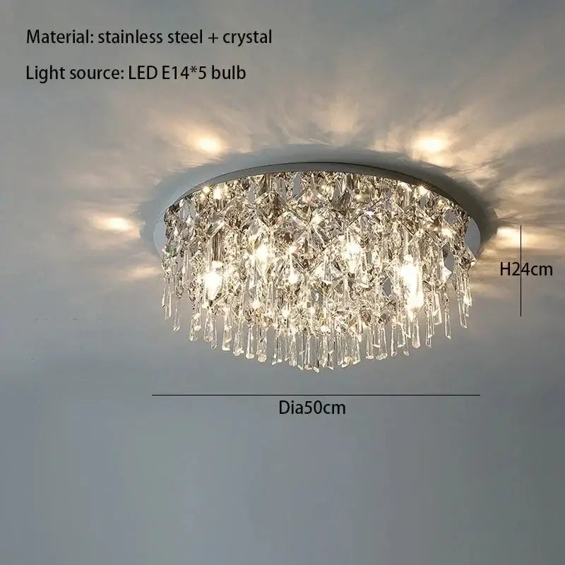 Decorbites crystal ceiling lamp with stainless steel frame and cascading crystal prisms illuminated by five led bulbs