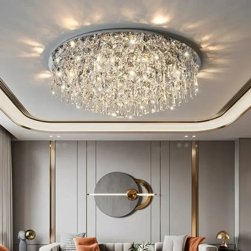 DecorBites crystal ceiling lamp with cascading clear glass prisms and sleek metallic frame modern ceiling lamp