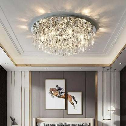 DecorBites crystal ceiling lamp with metallic frame and faceted crystals emitting warm light for indoor use