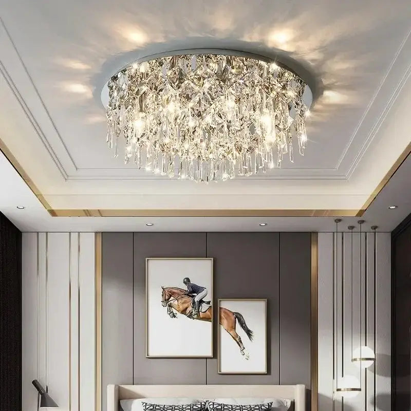 DecorBites crystal ceiling lamp with metallic frame and faceted crystals emitting warm light for indoor use