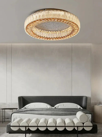 DecorBites crystal ceiling lamp with gold metallic frame and clear faceted crystals for living room and bedroom